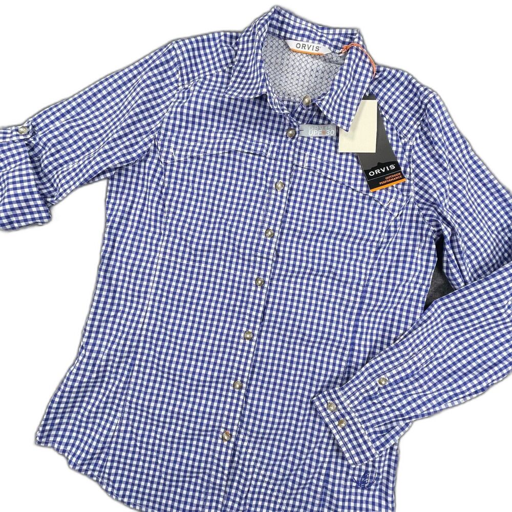 NWT Orvis Tech Chamberlin Gingham Button Down Shirt XS Blue Plaid UPF 30 Hiking